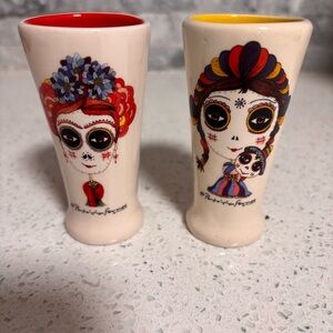 Artisan Day of the Dead Themed Ceramic Shot Glasses by Patricia Fornos Set of 2